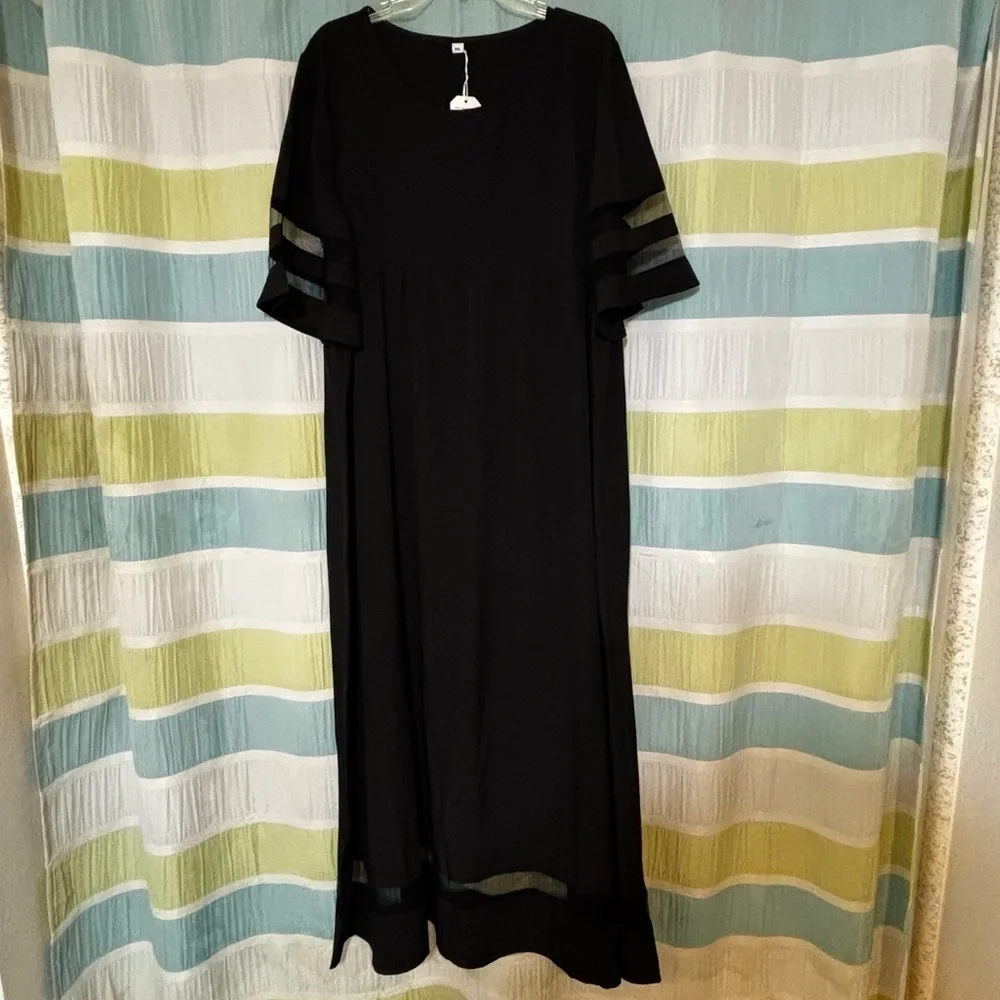 Elegant Black Mesh Splicing Dress Sheer Accents Sz XXL - Picture 2 of 7